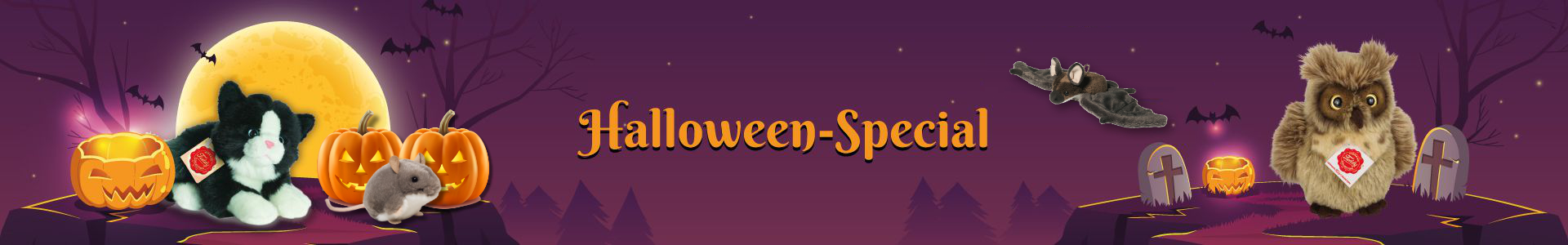 Teddy Hermann Halloween-Kuscheltiere: Fledermaus, Eule und Katze
